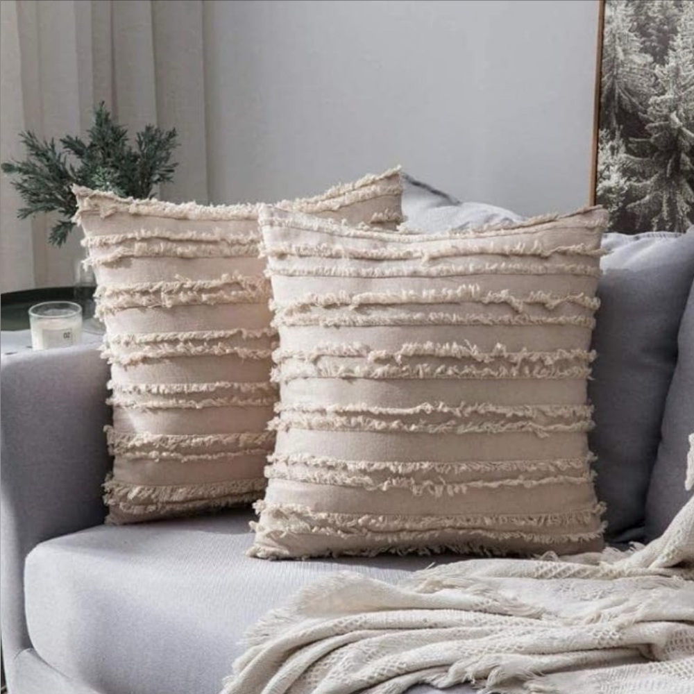 Beige Textured fringed Throw Pillow COVER SET OF 3 18x18 and 12x17